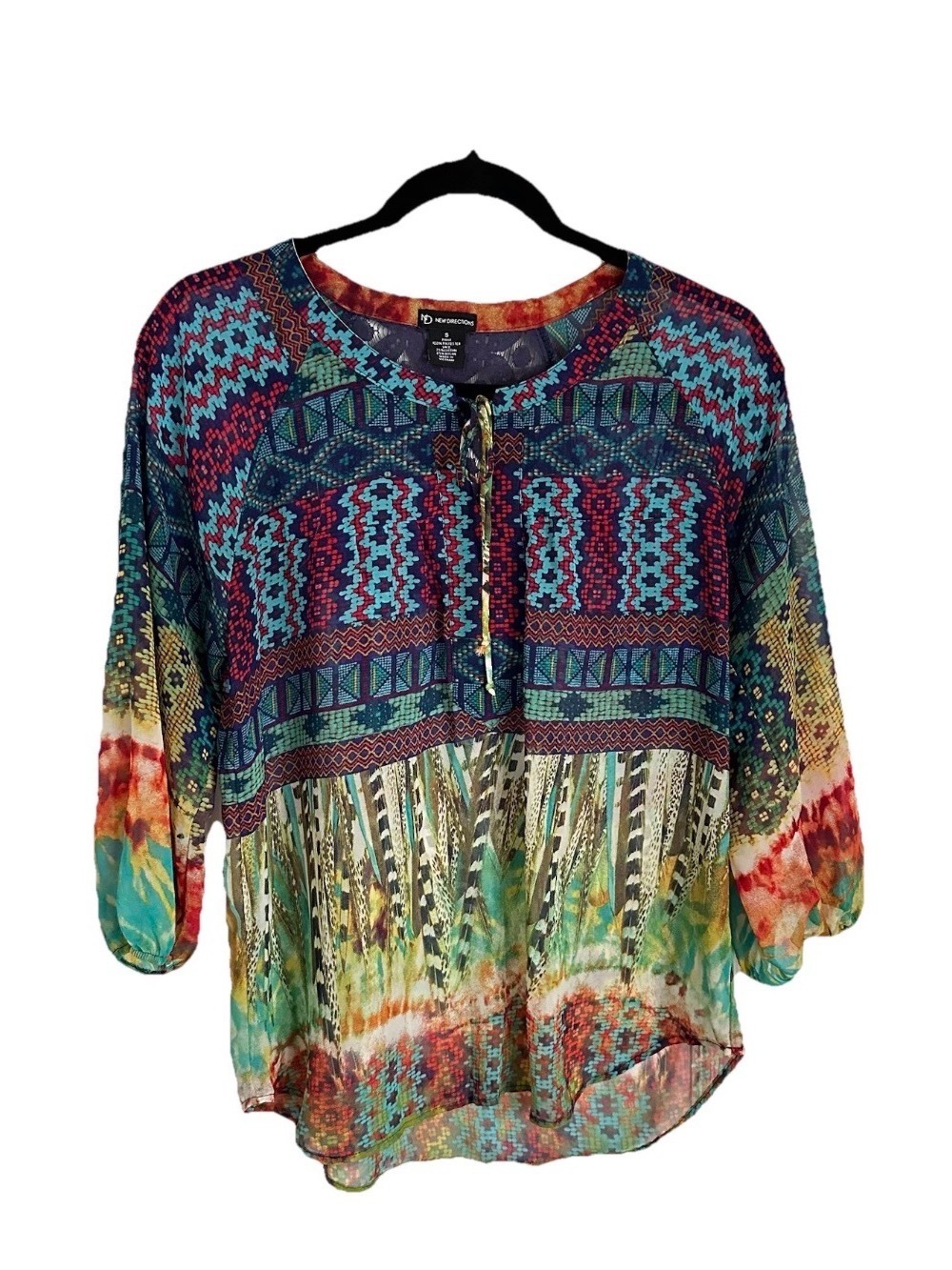 New Directions Top Womens S Sheer Lace Tie Neck Boho Peasant Hippie Festival